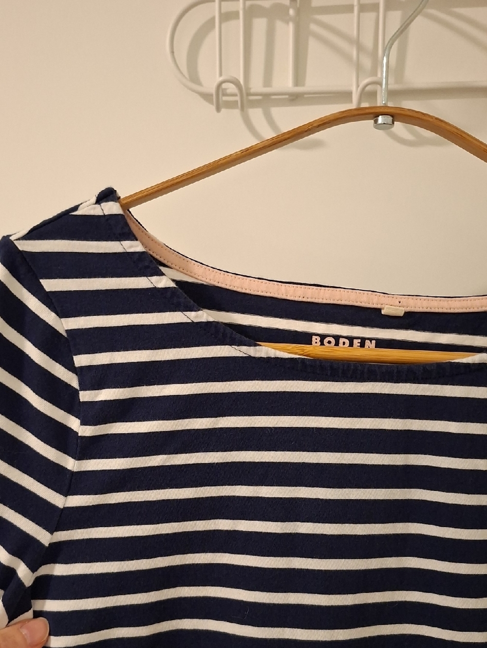 Boden Navy & Rainbow Stripe Essential Boatneck Breton Long-sleeve Tee (Size M) - Picture 3 of 7